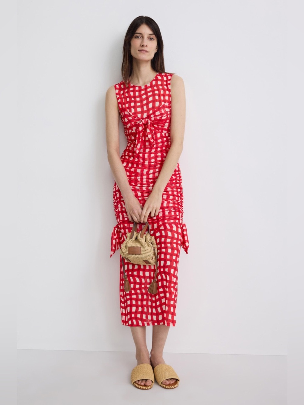 Simon Miller Red Check Tie-Front Midi Dress